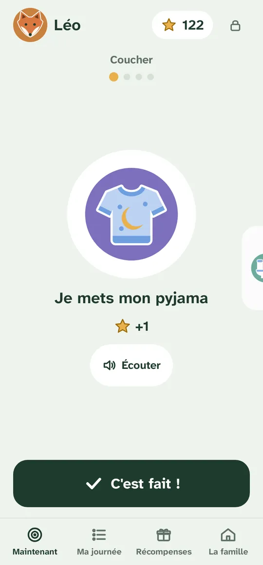 Le défi du moment, en grand : « Je mets mon pyjama », avec « C'est fait ! »