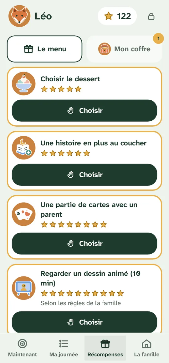 Le menu des récompenses de Léo, chacune avec son prix en étoiles
